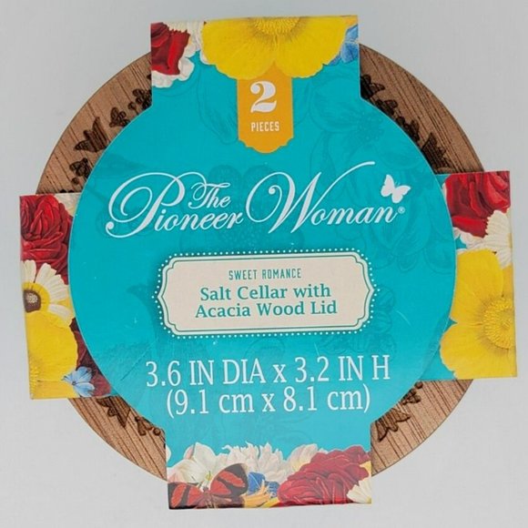 Pioneer Woman Salt Cellar Sweet Romance Stoneware Wood Floral Lid 3.5in x 3.2 in - Picture 2 of 2